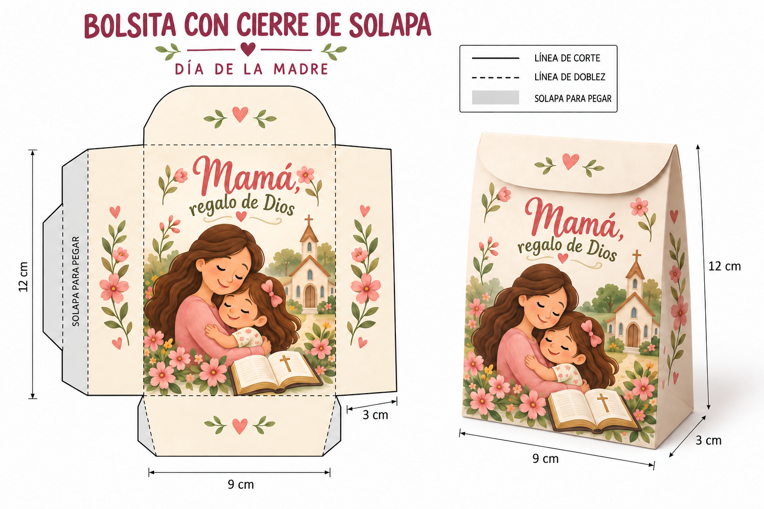 Molde y presentación de una bolsita para el Día de la Madre